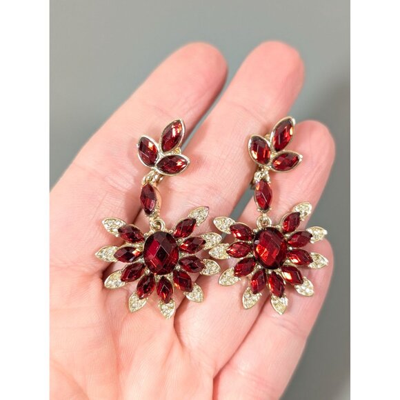 Napier Retro Red Crystal Flower Fan Dangle Clip On Earrings Evening Glam - Picture 7 of 7